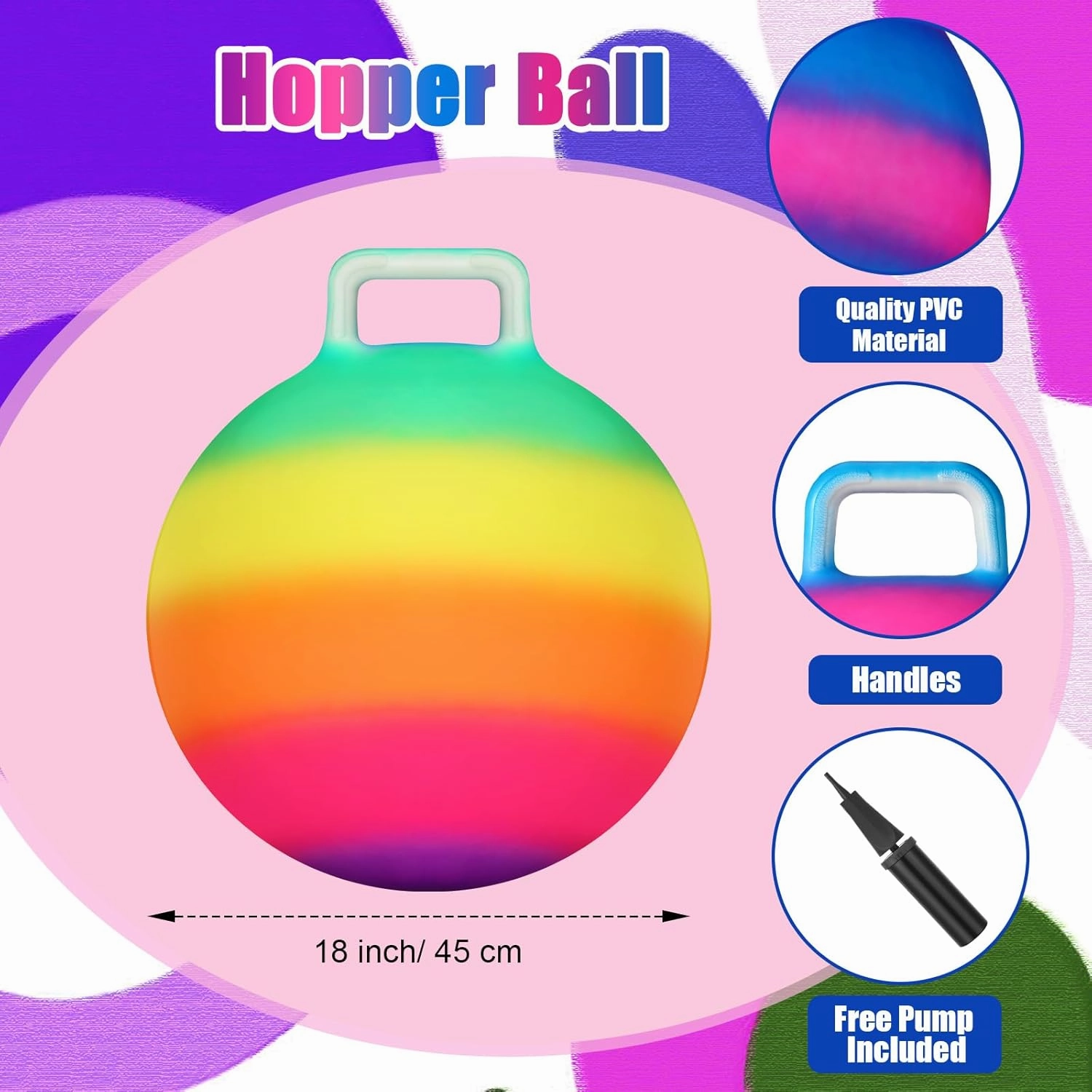 Poen 3 Pcs 18 Inch Hopper Inflatable Bouncy Ball with Handle Hippity Hop PVC Jumping Hopping Ball with 1 Air Pump for Kids Toddler Boys Girls Gifts Games(Multicolor)