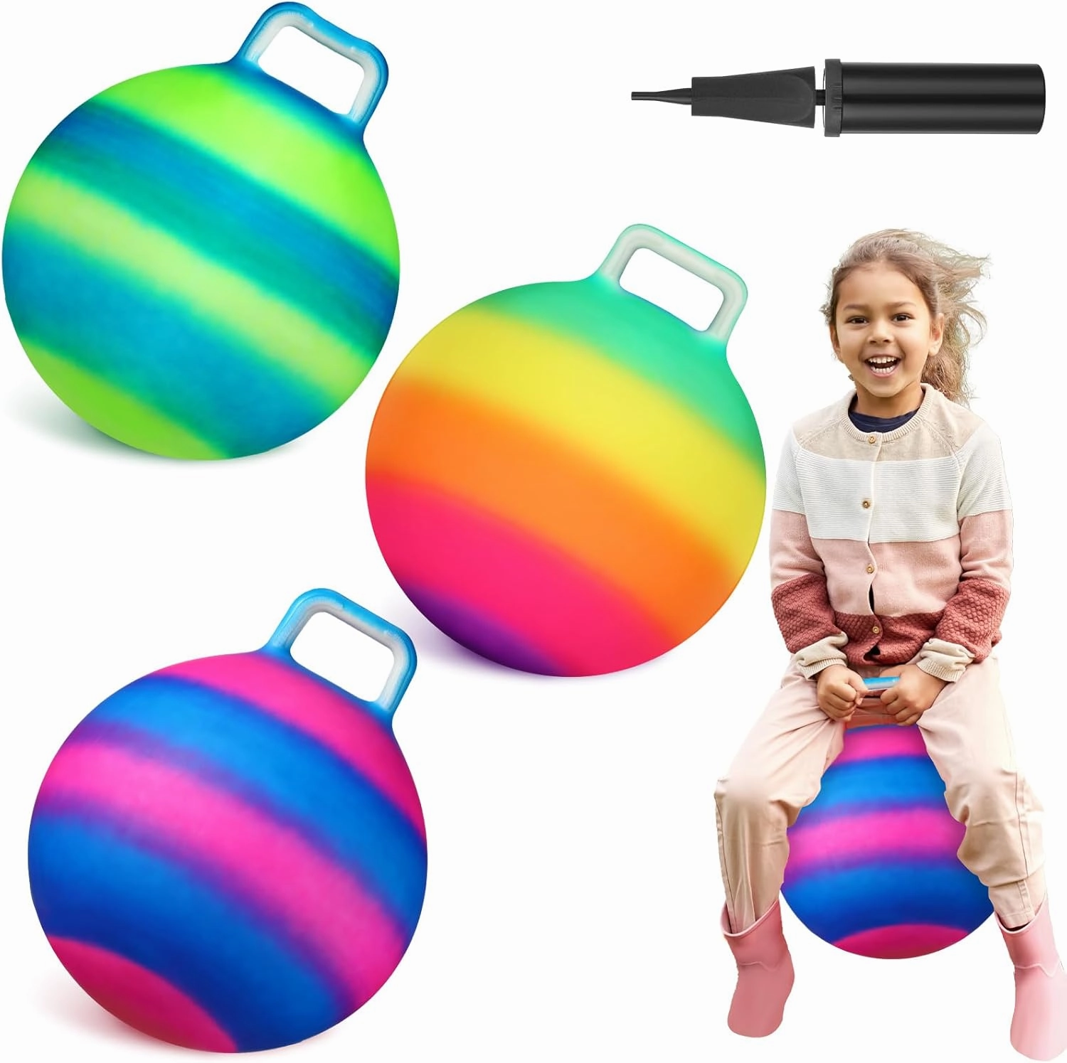 Poen 3 Pcs 18 Inch Hopper Inflatable Bouncy Ball with Handle Hippity Hop PVC Jumping Hopping Ball with 1 Air Pump for Kids Toddler Boys Girls Gifts Games(Multicolor)