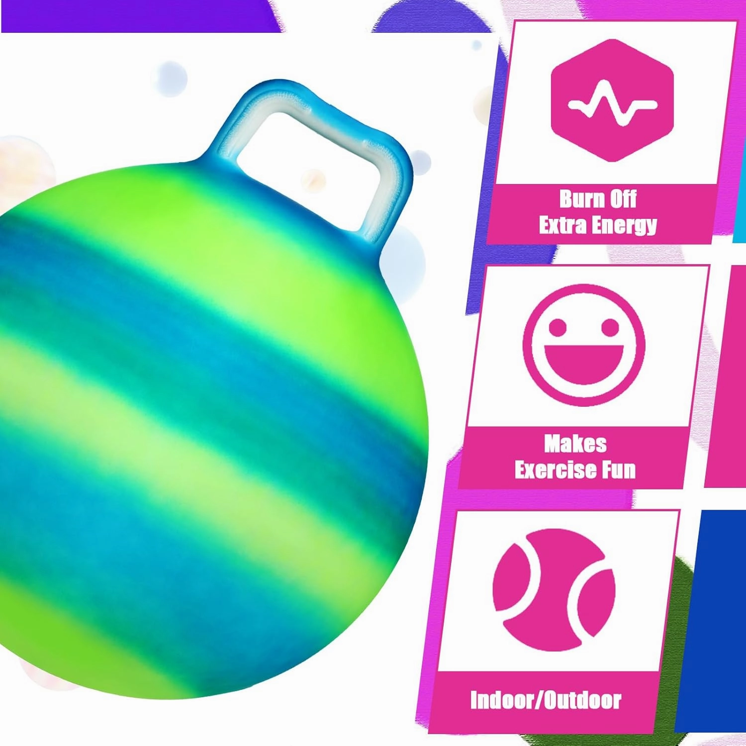 Poen 3 Pcs 18 Inch Hopper Inflatable Bouncy Ball with Handle Hippity Hop PVC Jumping Hopping Ball with 1 Air Pump for Kids Toddler Boys Girls Gifts Games(Multicolor)