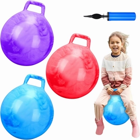 Poen 3 Pcs 18 Inch Hopper Inflatable Bouncy Ball with Handle Hippity Hop PVC Jumping Hopping Ball with 1 Air Pump for Kids Toddler Boys Girls Gifts Games(Red Blue Purple)
