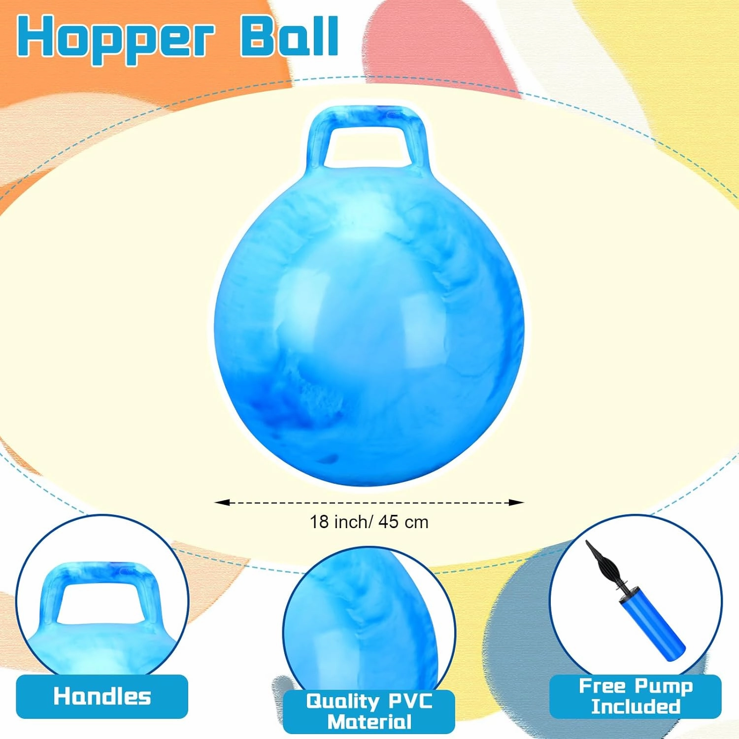 Poen 3 Pcs 18 Inch Hopper Inflatable Bouncy Ball with Handle Hippity Hop PVC Jumping Hopping Ball with 1 Air Pump for Kids Toddler Boys Girls Gifts Games(Red Blue Purple)
