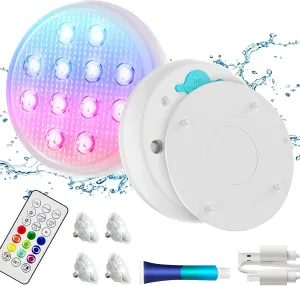 Pool Lights,Rechargeable Submersible LED Lights with Remote,IP68 Waterproof 16 Color LED Floating Pool Lights with Magnet, Suction Cups for Above Ground Inground Pool,Pond,Bathtub 2 Pack