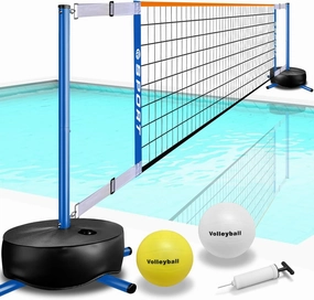 Pool Volleyball Net - Portable Indoor/Outdoor Swimming Pool Volleyball Net System with 2 Water Volleyballs and Heavy Duty Base.Adjustable Length 15-25FT for Pickleball Net and Tennis Net