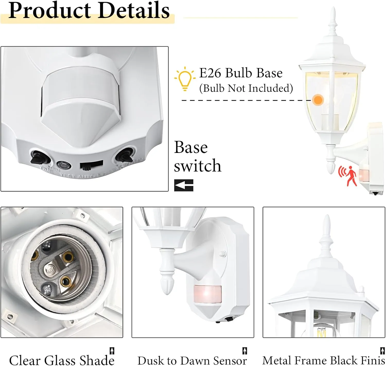 Porch Lights Outdoor Motion Sensor Wall Sconce Anti-Rust Aluminum, Exterior Outdoor Wall Lights Dusk to Dawn Porch Light Fixture Wall Mount for House Outside Patio 2Pack White