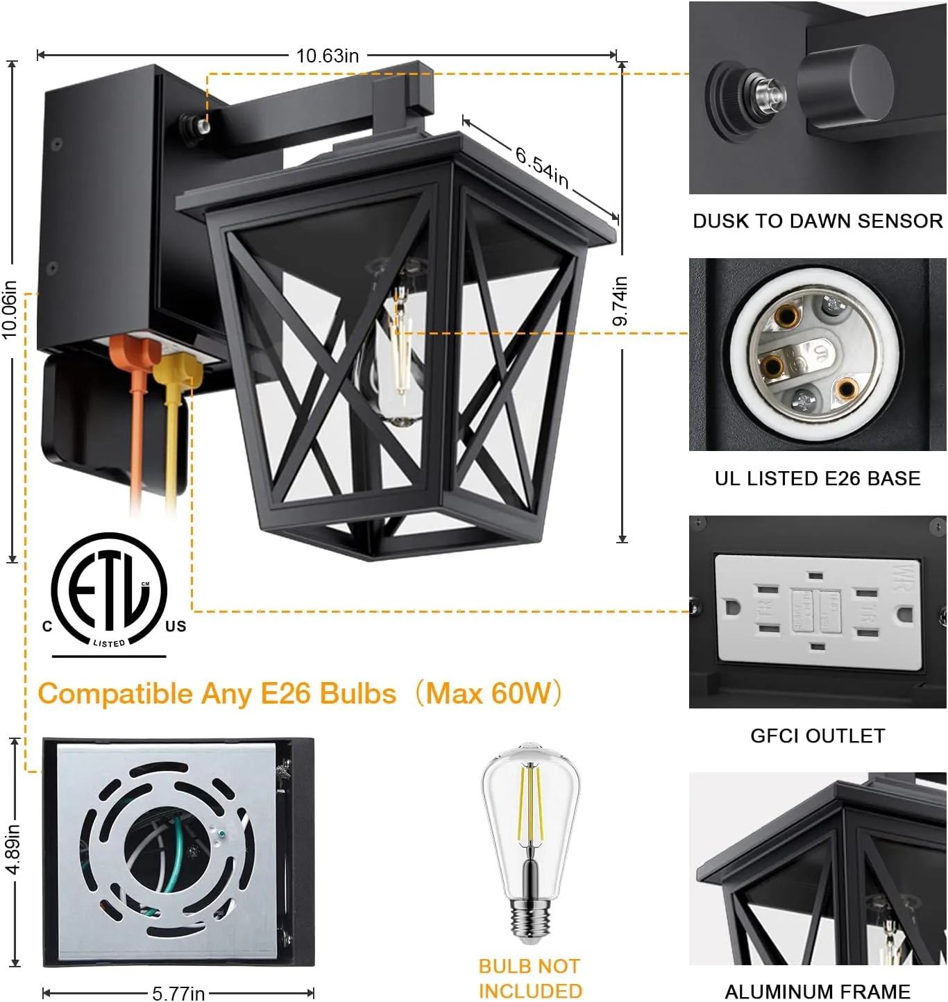 Porch Lights with Outlet, Dusk to Dawn Outdoor Light with Outlet Built-in, Waterproof Anti-Rust Aluminum Outside Light with GFCI Outlet, Wall Sconce Light with Plug for Front Door (Black 1PC)