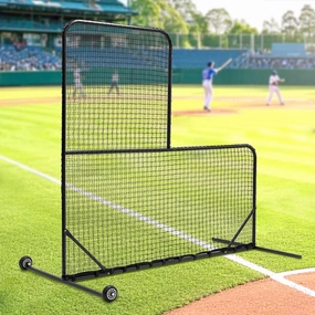 Portable L-Shaped Screen for Batting Cages, 7x7ft Baseball Pitching Net with Wheels, Double Layer Body Protector Pitcher-Net Includes Training Ball and Carry Bag, Black