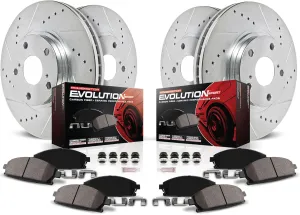 Power Stop K7988 Front and Rear Z23 Carbon Fiber Brake Pads with Drilled & Slotted Brake Rotors Kit and 1 Front & 1 Rear Sensor Wires For C43 AMG, C450, GLC300, GLC350e, GLC43 AMG [Model Specific]