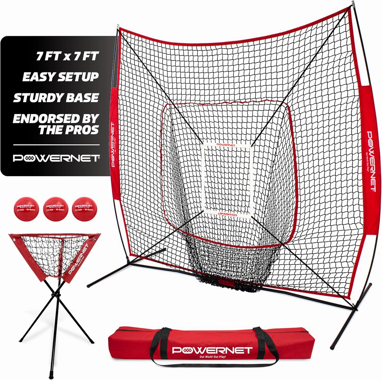 PowerNet Baseball Softball Practice Net 7x7 with Baseball Accessories for Practice Pitching, Batting & Fielding, Ball Caddy, Weighted Baseballs, Tee