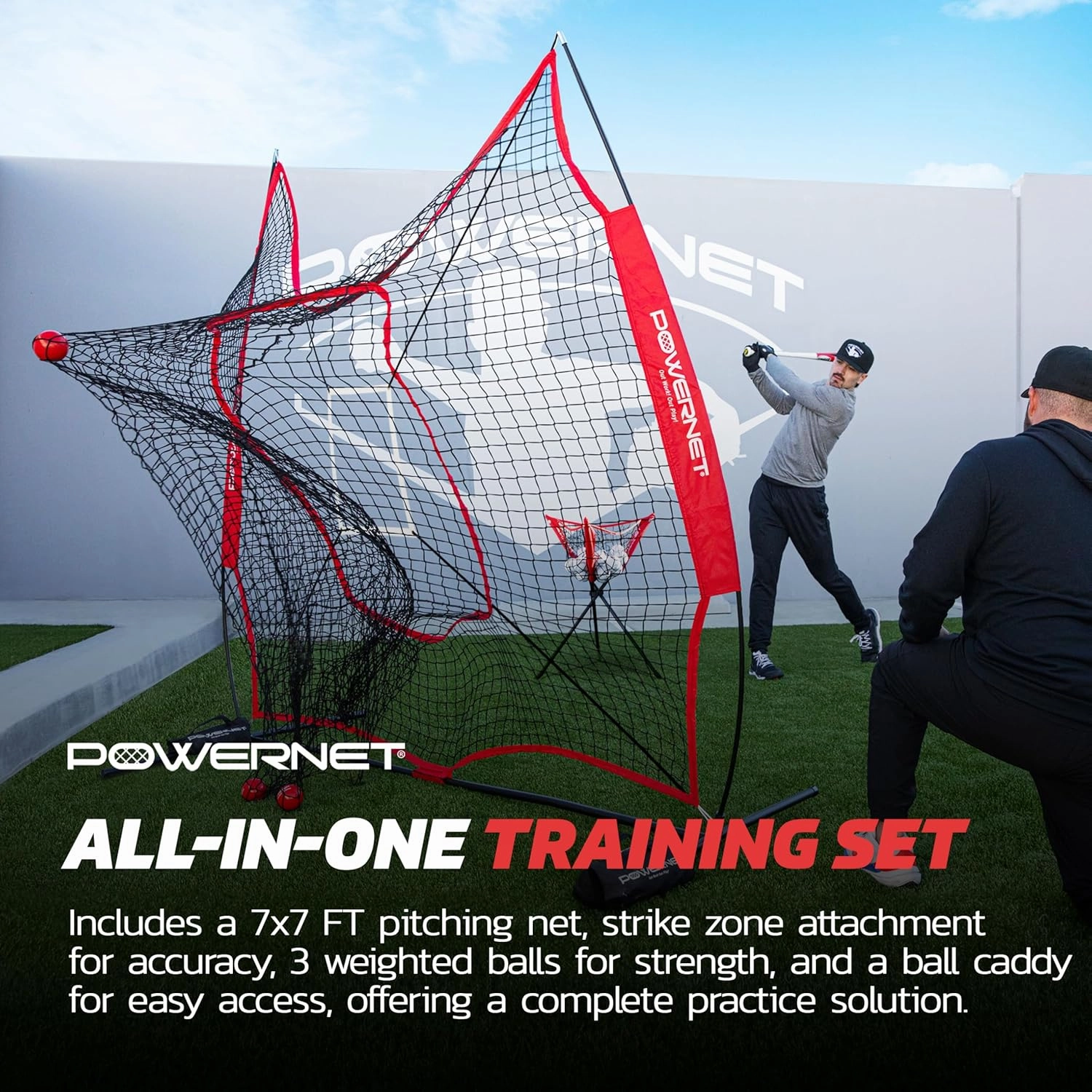 PowerNet Baseball Softball Practice Net 7x7 with Baseball Accessories for Practice Pitching, Batting & Fielding, Ball Caddy, Weighted Baseballs, Tee