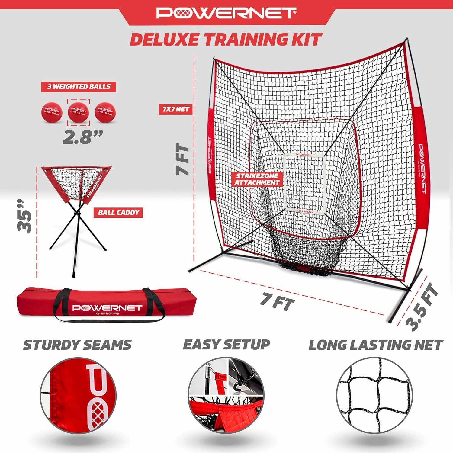 PowerNet Baseball Softball Practice Net 7x7 with Baseball Accessories for Practice Pitching, Batting & Fielding, Ball Caddy, Weighted Baseballs, Tee