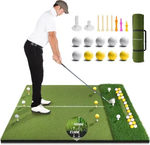 Premium Dual-Turf Golf Mat with Ball Tray, 5x4 FT Golf Hitting Mats Practice Outdoor Indoor Equipment with 10 Golf Balls, 9 Golf Tees, Golf Aid Training Swing Chipping Mat, Gifts for Men,Boy,Golfers