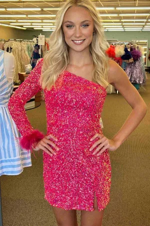 Pretty Homecoming Dress Bodycon one shoulder Style with Chic Feather Short Party Cocktail Dress