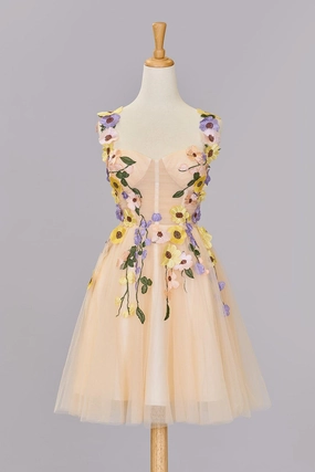 Pretty Homecoming Dress A Line Tulle with 3D Flowers Short Party Cocktail Dress