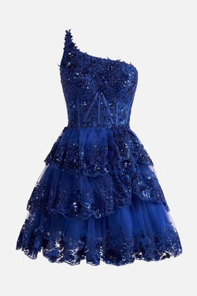 Pretty Homecoming Dress Royal Blue A Line one shoulder Style Navy Tiered Lace Short Party Cocktail Dress