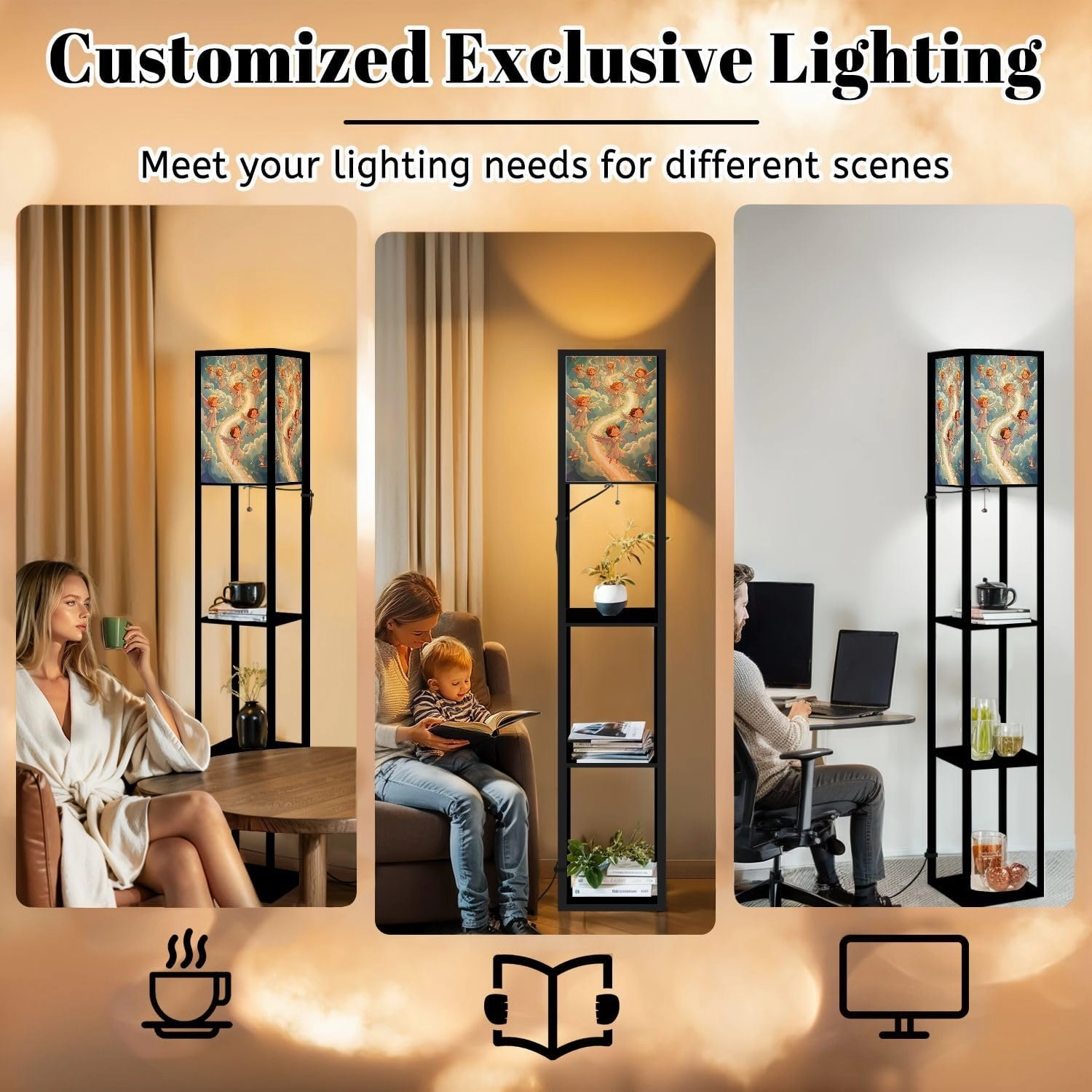 Procession Angels Celestial Birds Canvas Art Floor Lamps with Shelves, Modern Standing Lamp Narrow Corner Display Bookshelf Lamp for Living Room, Bedroom, Office Decor