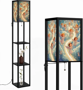 Procession Angels Celestial Birds Canvas Art Floor Lamps with Shelves, Modern Standing Lamp Narrow Corner Display Bookshelf Lamp for Living Room, Bedroom, Office Decor