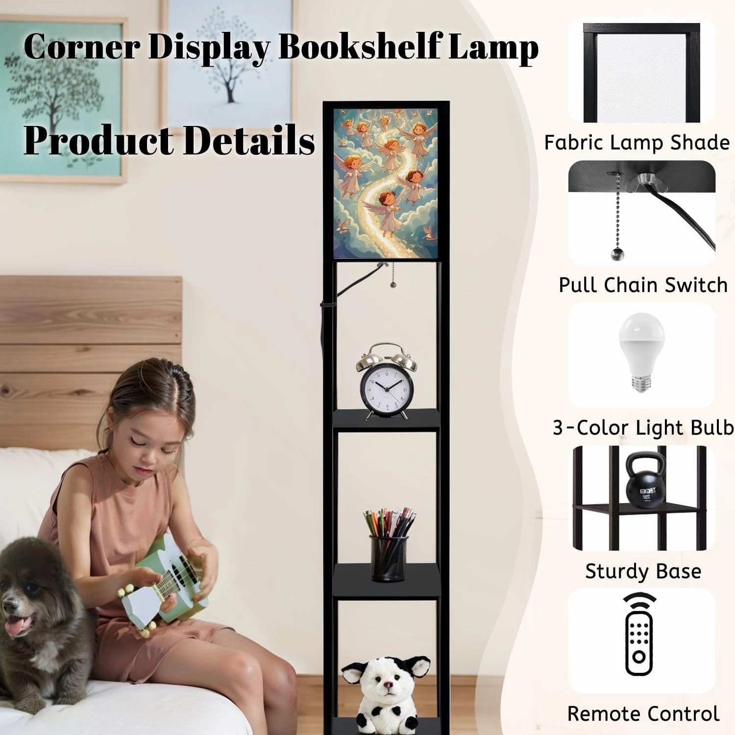 Procession Angels Celestial Birds Canvas Art Floor Lamps with Shelves, Modern Standing Lamp Narrow Corner Display Bookshelf Lamp for Living Room, Bedroom, Office Decor
