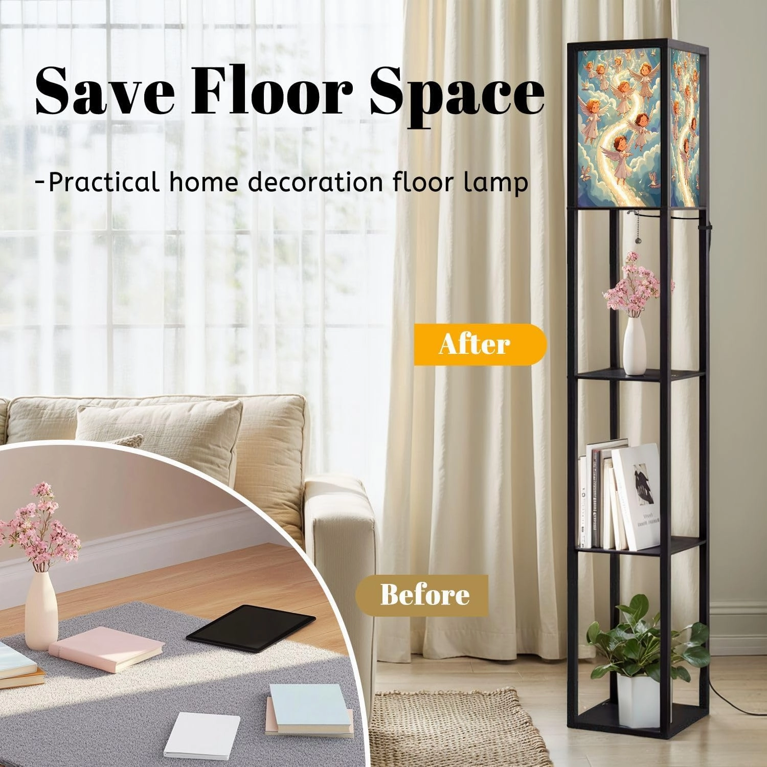 Procession Angels Celestial Birds Canvas Art Floor Lamps with Shelves, Modern Standing Lamp Narrow Corner Display Bookshelf Lamp for Living Room, Bedroom, Office Decor
