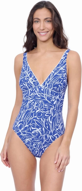Profile by Gottex Womens Royal Blue V Neck One Piece Bathing Swimsuit with Soft Cups Tummy Control and Adjustable Straps