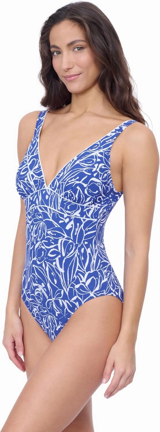 Profile by Gottex Womens Royal Blue V Neck One Piece Bathing Swimsuit with Soft Cups Tummy Control and Adjustable Straps