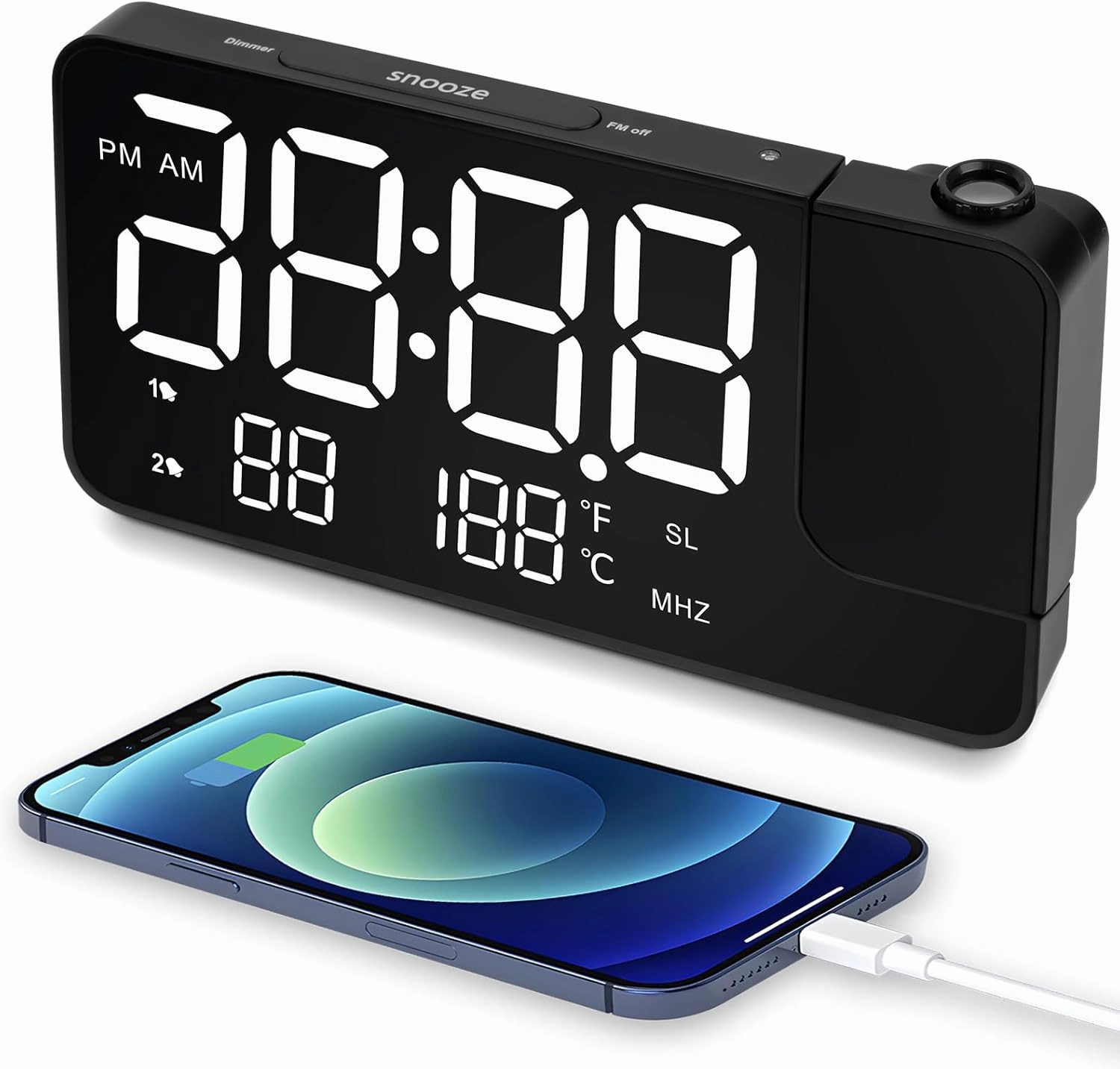 Projection Alarm Clock for Bedroom-Alarm Clock Radio with 180° Rotatable Projector LED Display, Dual Alarm,Dimmer for Kids Elderly,Heavy Sleepers,Snooze,12/24H,DST