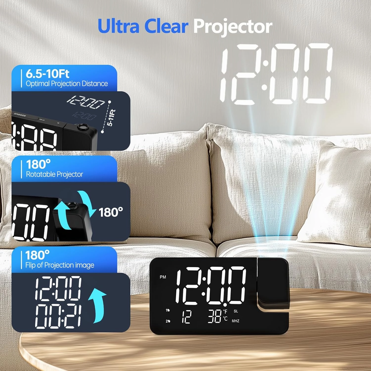 Projection Alarm Clock for Bedroom-Alarm Clock Radio with 180° Rotatable Projector LED Display, Dual Alarm,Dimmer for Kids Elderly,Heavy Sleepers,Snooze,12/24H,DST