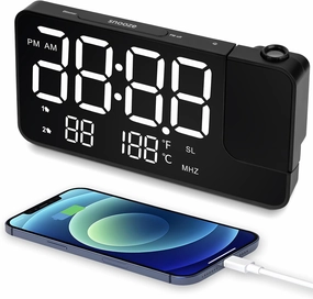 Projection Alarm Clock for Bedroom-Alarm Clock Radio with 180° Rotatable Projector LED Display, Dual Alarm,Dimmer for Kids Elderly,Heavy Sleepers,Snooze,12/24H,DST