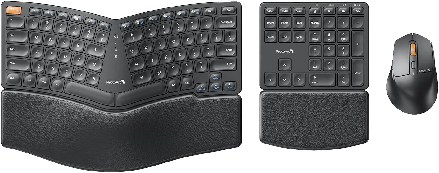 ProtoArc Ergonomic Keyboard Mouse, EKM04 2.4GHz Wireless Ergo Keyboard Mouse Combo, Separate Numeric Keypad, Split Design, Wrist Rest, Rechargeable, for Windows, Desktop, PC, Laptop