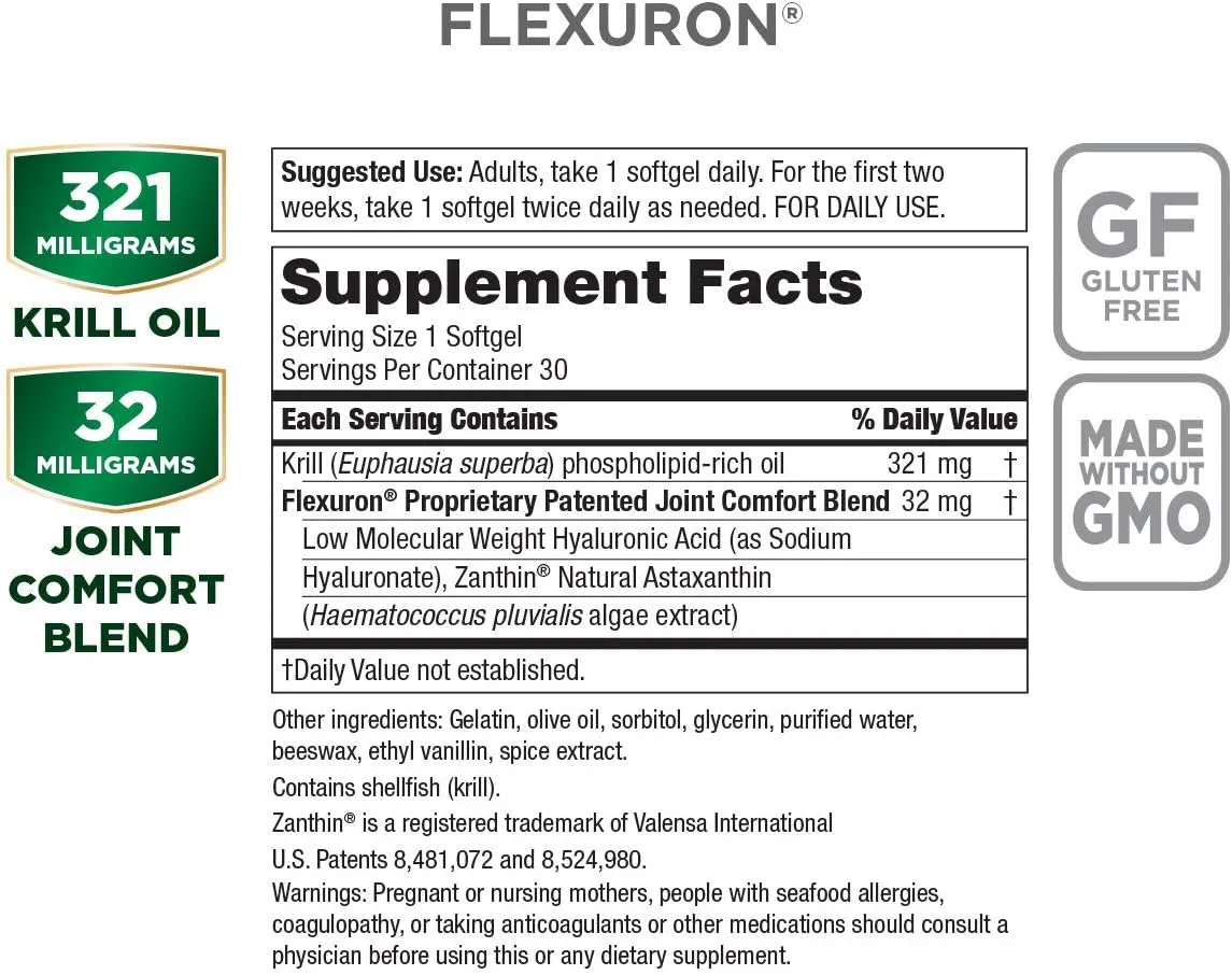 Purity Products Flexuron Joint Formula 3X Better Than Glucosamine and Chondroitin - Starts Working in just 7 Days - Krill Oil, Low Molecular Weight Hyaluronic Acid, Astaxanthin - 30 Count (3)