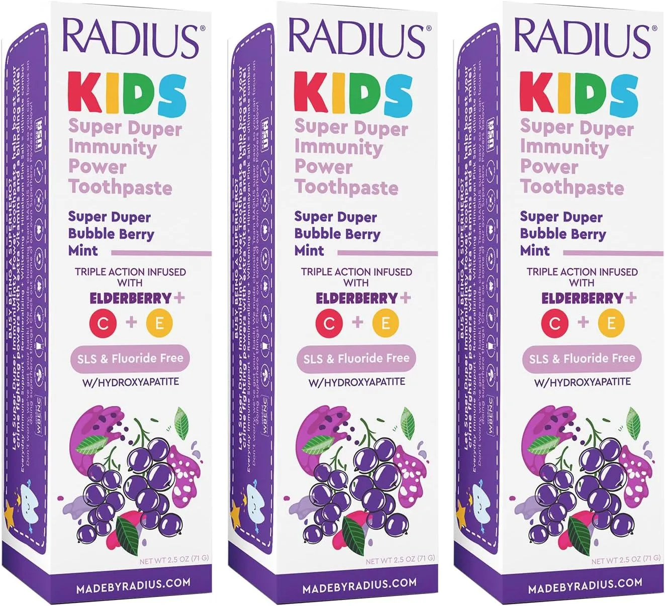 RADIUS Kids Super Duper Immunity Power Toothpaste 2.5 Oz - Super Duper Bubble Berry Mint - Pack of 3