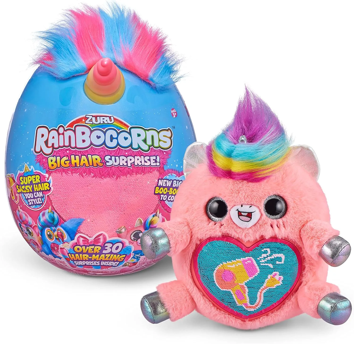 Rainbocorns Big Hair Surprise (Unicorn) by ZURU Cuddle Plush Stuffed Animal, 30  Surprises, Collectible Baby Booboocorns, Hair Accessories, Charm Bracelets, Stickers, Ages 3  (Unicorn)