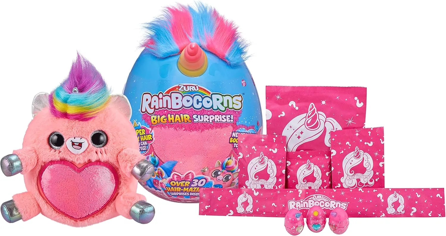 Rainbocorns Big Hair Surprise (Unicorn) by ZURU Cuddle Plush Stuffed Animal, 30  Surprises, Collectible Baby Booboocorns, Hair Accessories, Charm Bracelets, Stickers, Ages 3  (Unicorn)