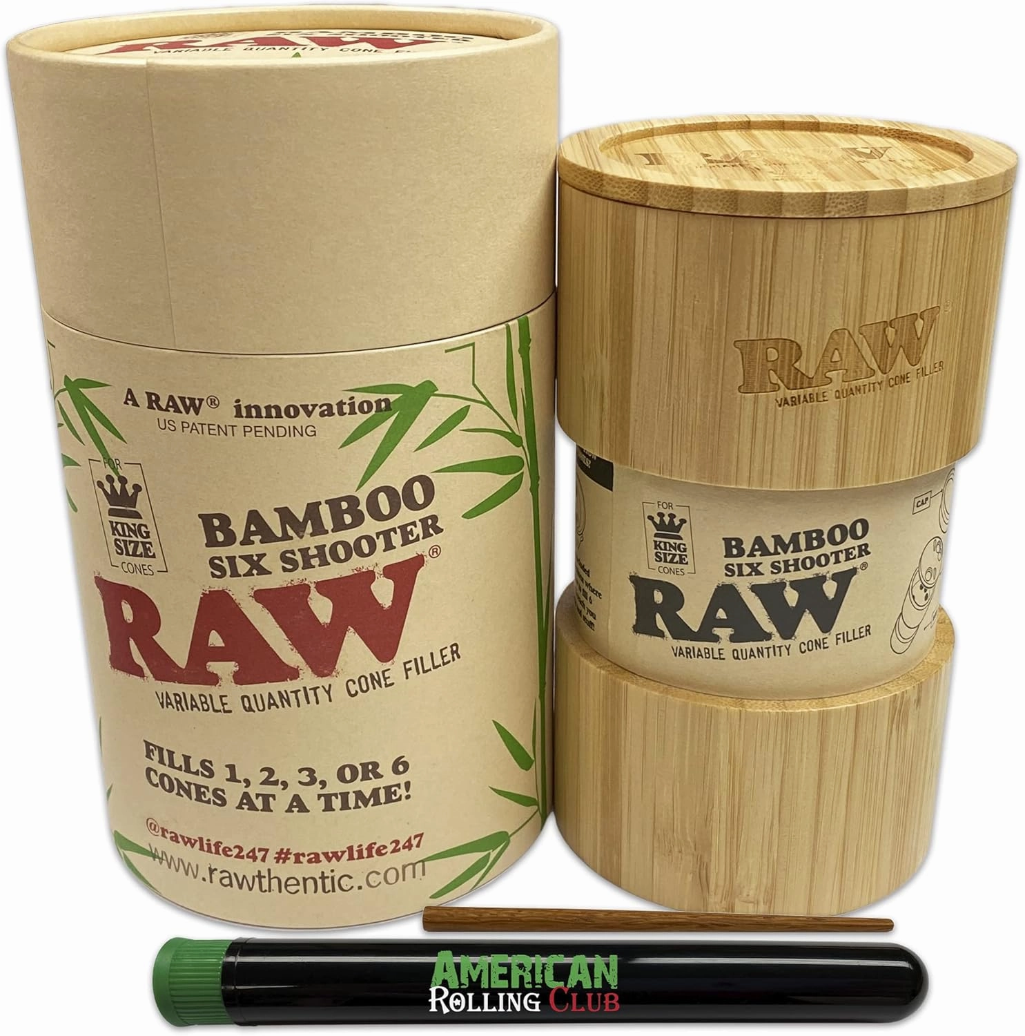 RAW Bamboo Six Shooter | King Size | Loader/Filler for PreRolled Cigarette Paper Cones, Includes SIX ARC Cigarette Savers