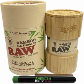 RAW Bamboo Six Shooter | King Size | Loader/Filler for PreRolled Cigarette Paper Cones, Includes SIX ARC Cigarette Savers