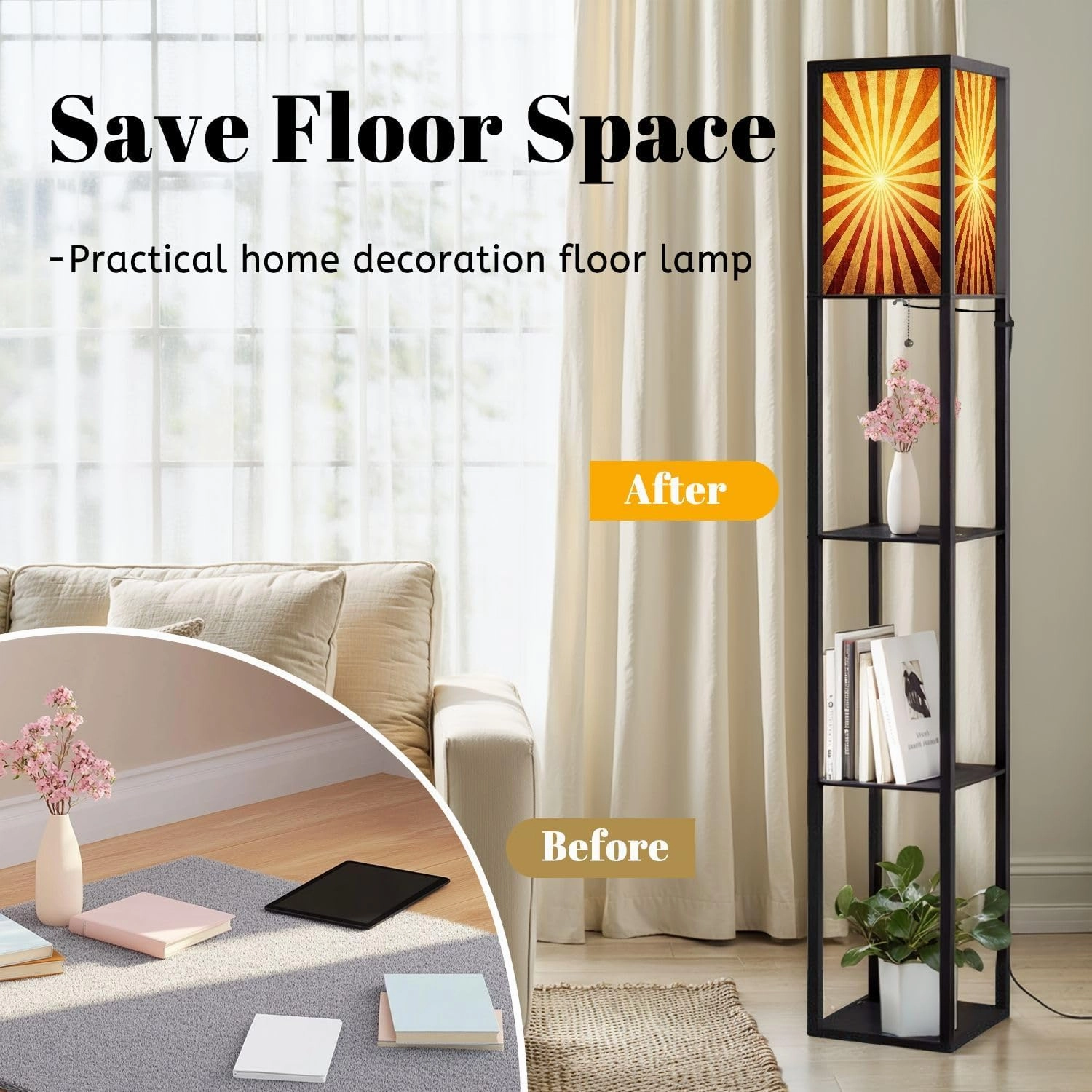 ray Pattern Floor Lamps with Shelves, Modern Standing Lamp Narrow Corner Display Bookshelf Lamp for Living Room, Bedroom, Office Decor