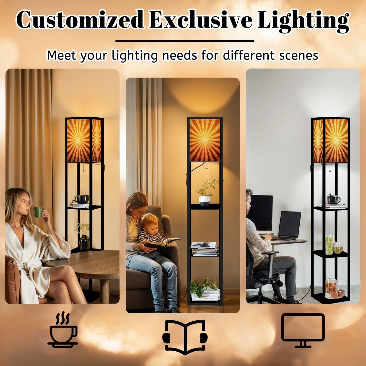 ray Pattern Floor Lamps with Shelves, Modern Standing Lamp Narrow Corner Display Bookshelf Lamp for Living Room, Bedroom, Office Decor