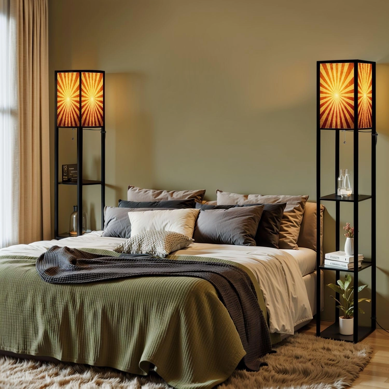 ray Pattern Floor Lamps with Shelves, Modern Standing Lamp Narrow Corner Display Bookshelf Lamp for Living Room, Bedroom, Office Decor