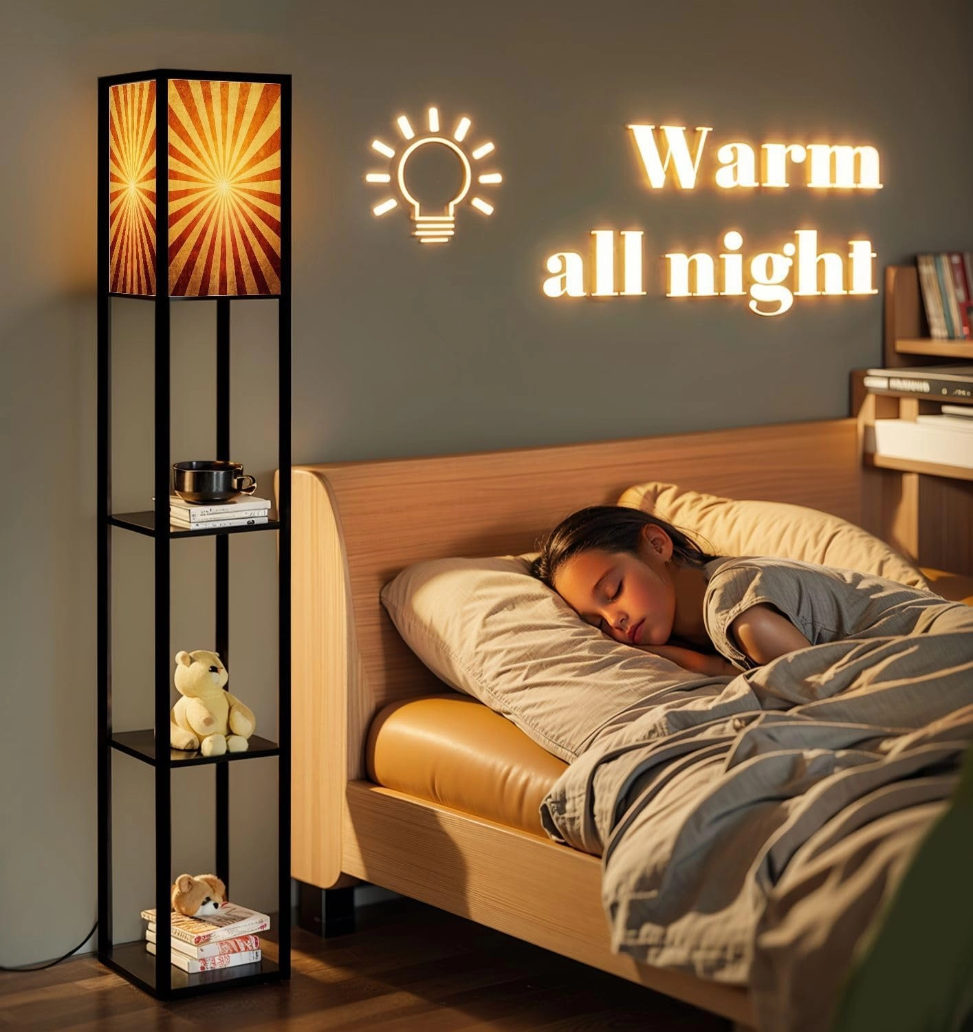 ray Pattern Floor Lamps with Shelves, Modern Standing Lamp Narrow Corner Display Bookshelf Lamp for Living Room, Bedroom, Office Decor