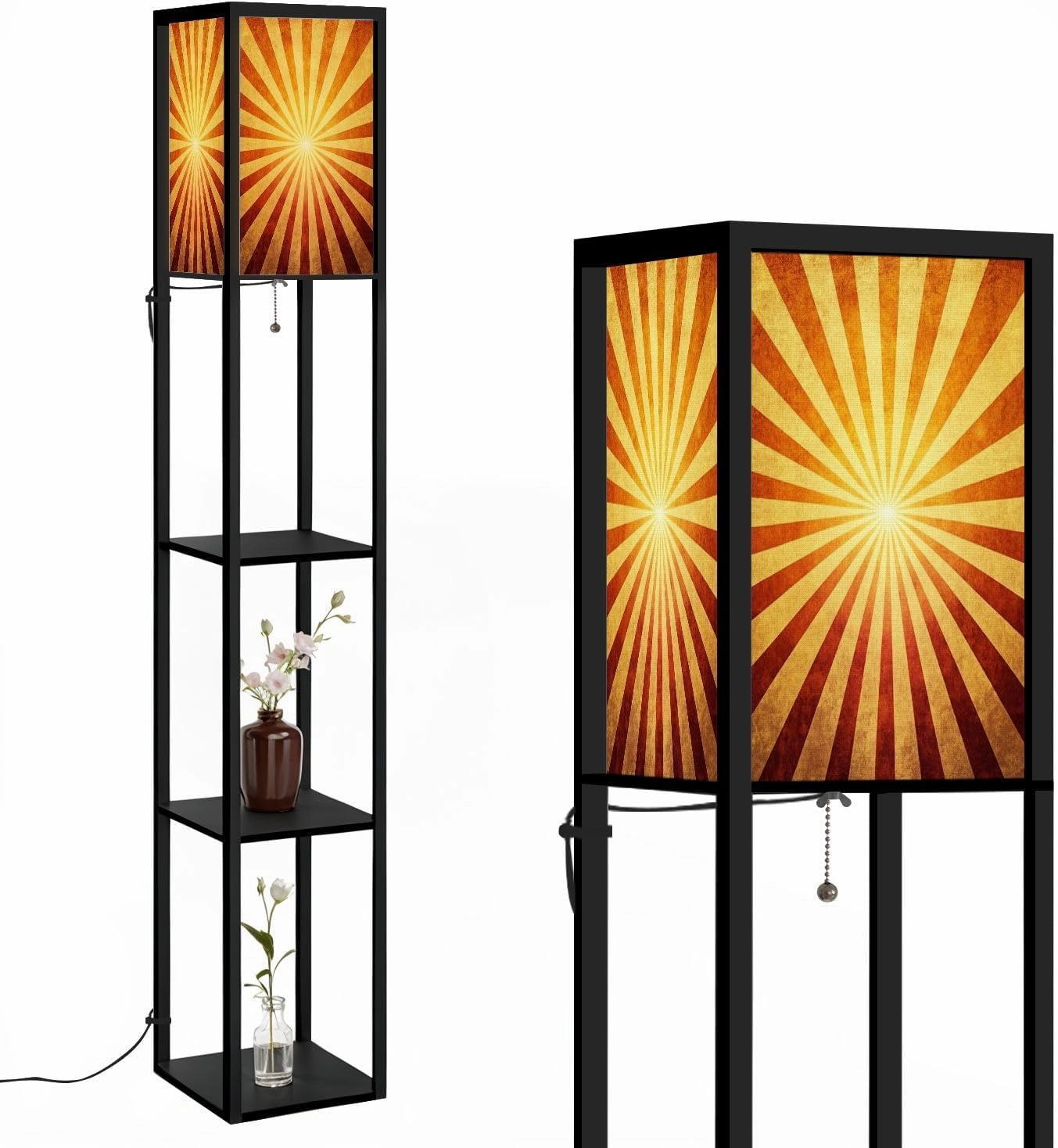 ray Pattern Floor Lamps with Shelves, Modern Standing Lamp Narrow Corner Display Bookshelf Lamp for Living Room, Bedroom, Office Decor