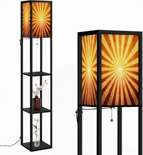 ray Pattern Floor Lamps with Shelves, Modern Standing Lamp Narrow Corner Display Bookshelf Lamp for Living Room, Bedroom, Office Decor
