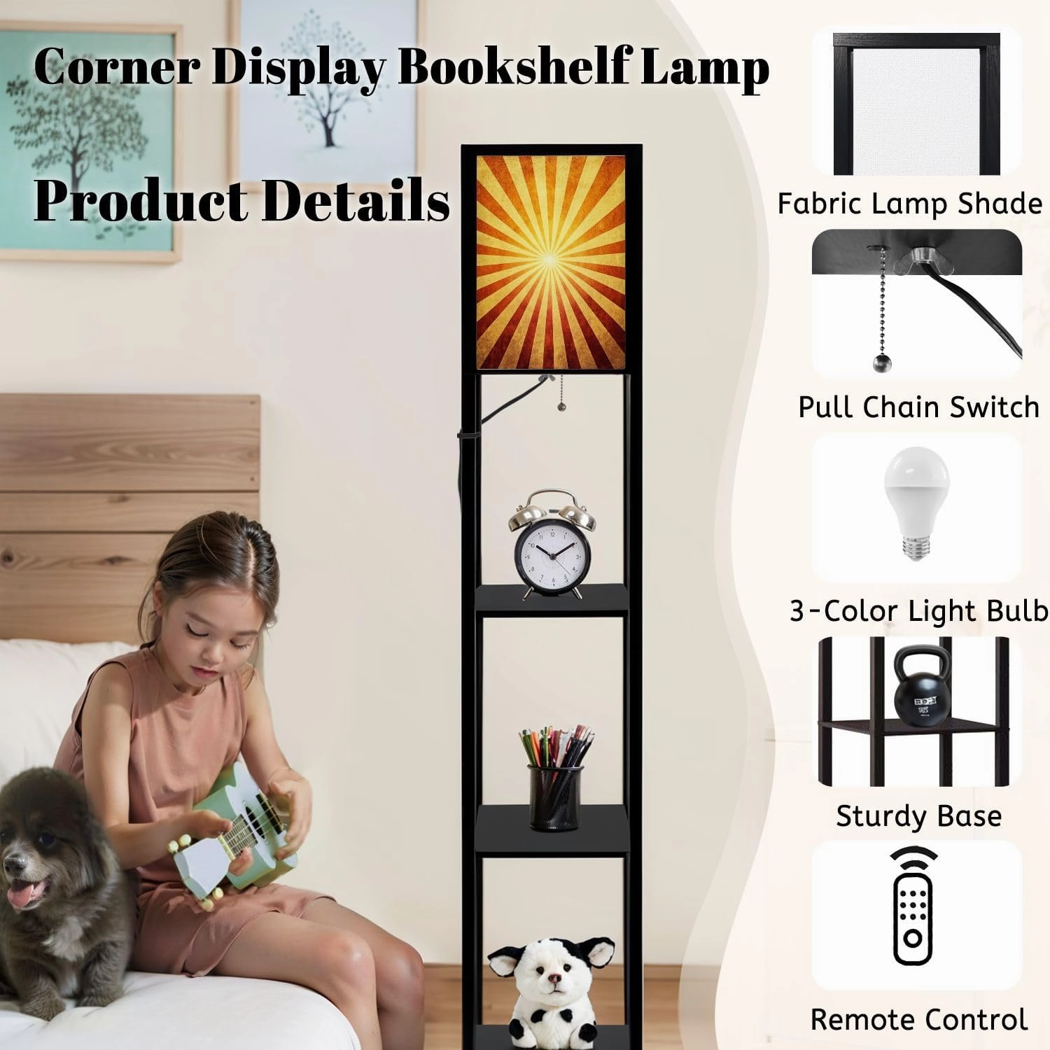ray Pattern Floor Lamps with Shelves, Modern Standing Lamp Narrow Corner Display Bookshelf Lamp for Living Room, Bedroom, Office Decor