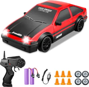 RC Drift Car, 1:24 Remote Control Cars 2.4GHz 4WD High Speed Drift RC Cars with LED Light Dritfing Tires Racing Hobby Toy Car with Two Batteries for Boys Girls Kids Adults (Red)