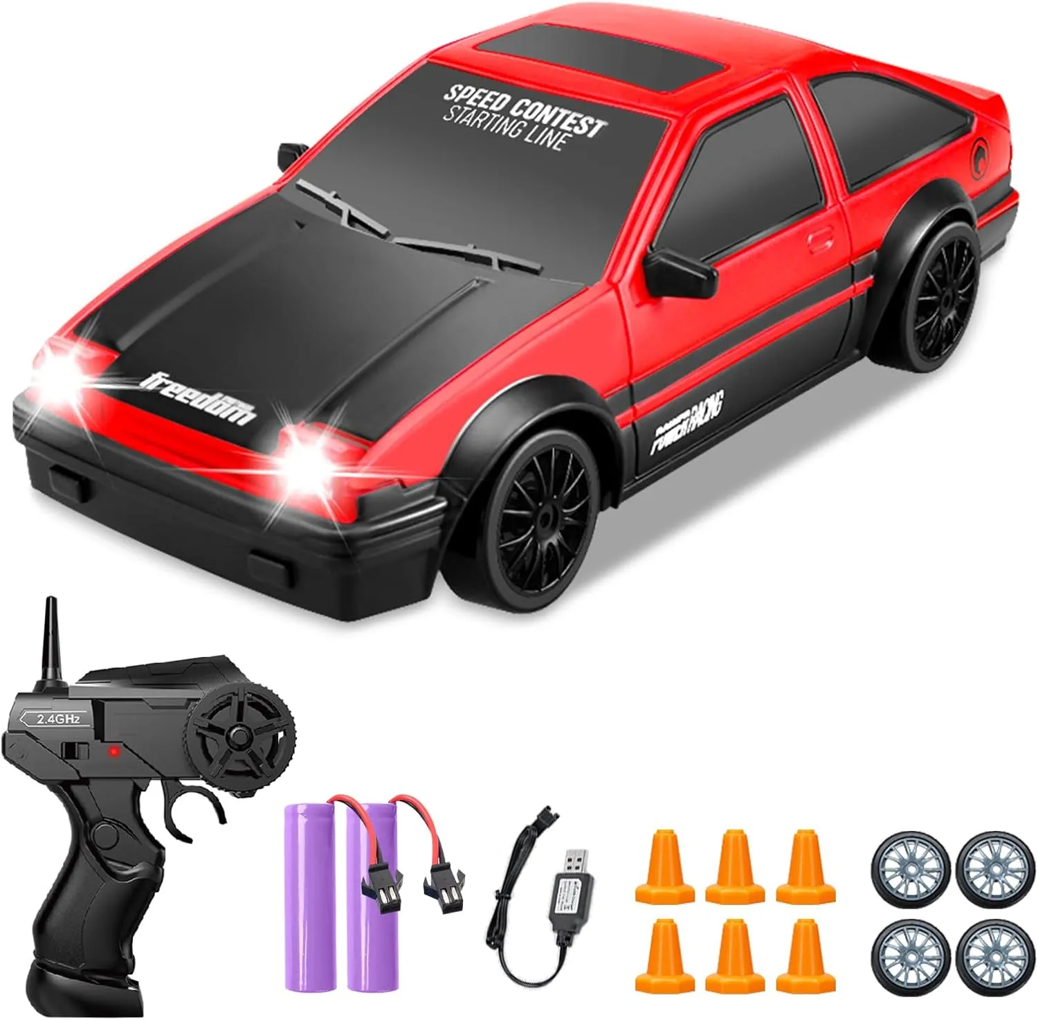 RC Drift Car, 1:24 Remote Control Cars 2.4GHz 4WD High Speed Drift RC Cars with LED Light Dritfing Tires Racing Hobby Toy Car with Two Batteries for Boys Girls Kids Adults (Red)