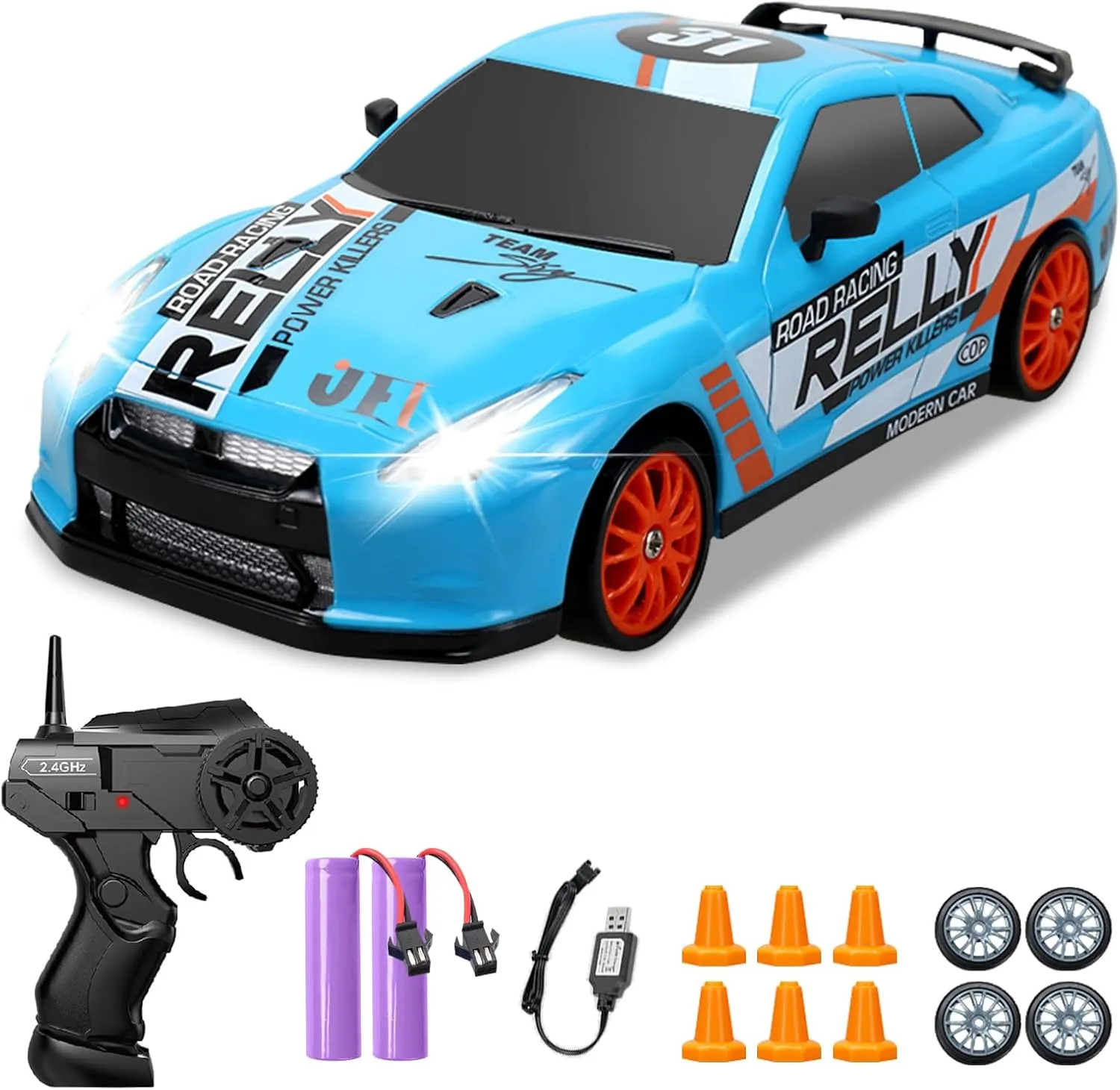 RC Drift Car 2.4GHz 1:24 Scale 4WD Remote Control Car 15KM/H High Speed Drifting RC Cars with Cool Lights, Two Batteries and Extra Tires Toys for Kids Boys Girls Adults, Blue