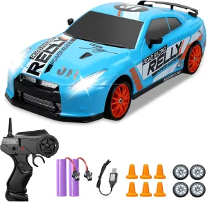 RC Drift Car 2.4GHz 1:24 Scale 4WD Remote Control Car 15KM/H High Speed Drifting RC Cars with Cool Lights, Two Batteries and Extra Tires Toys for Kids Boys Girls Adults, Blue