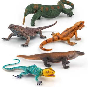 Realistic Komodo Dragon Figures Bearded Dragon Toys 5PCS Tropical Forest Animals Figurines Lizard Figures Chameleon Toys School Project Model for Kids Toddlers Birthday Gift Cake Toppers