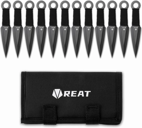 REAT Throwing Products - 12 Piece, 6" 440 Stainless Steel with Cord-Wrapped Handle, Includes Nylon Carrying Case for Safe Storage for Competition, Training and Recreation