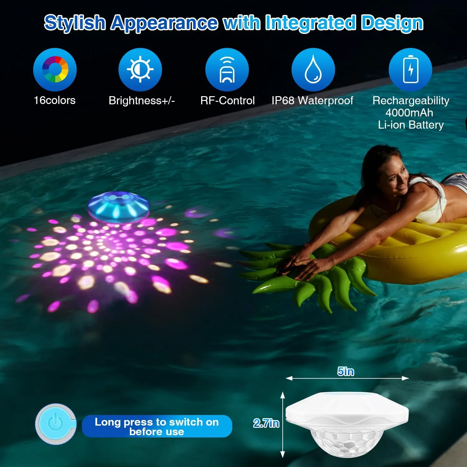 Rechargeable Floating Pool Lights, Pool Lights with 6 Dynamic Lighting, IP68 Waterproof Pool Light RGB Upper and Lower Color Changing LED Pool Light for Pools, Party, Fountains 1PACK