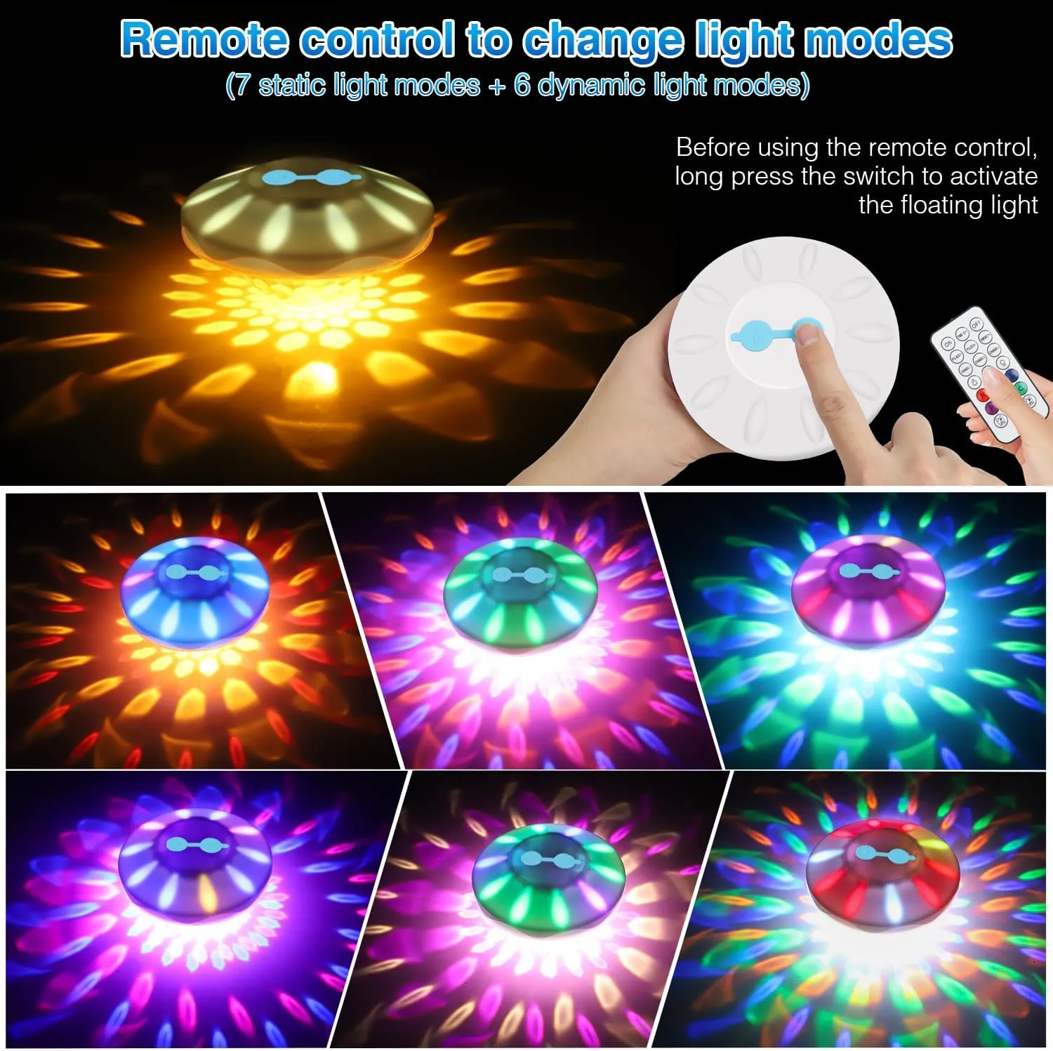 Rechargeable Floating Pool Lights, Pool Lights with 6 Dynamic Lighting, IP68 Waterproof Pool Light RGB Upper and Lower Color Changing LED Pool Light for Pools, Party, Fountains 1PACK