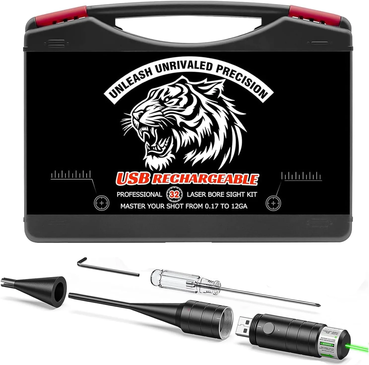 Rechargeable Laser Bore Sight Kit, Green Bore Sight Laser with 32 Adapters fit 0.17 to 12GA Calibers, Boresight Kit with Button Switch, Less Than 5mW, for All Gun Rifle Pistol